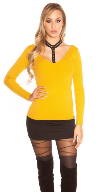 Trendy V-Cut sweater with choker & rivets Mustard